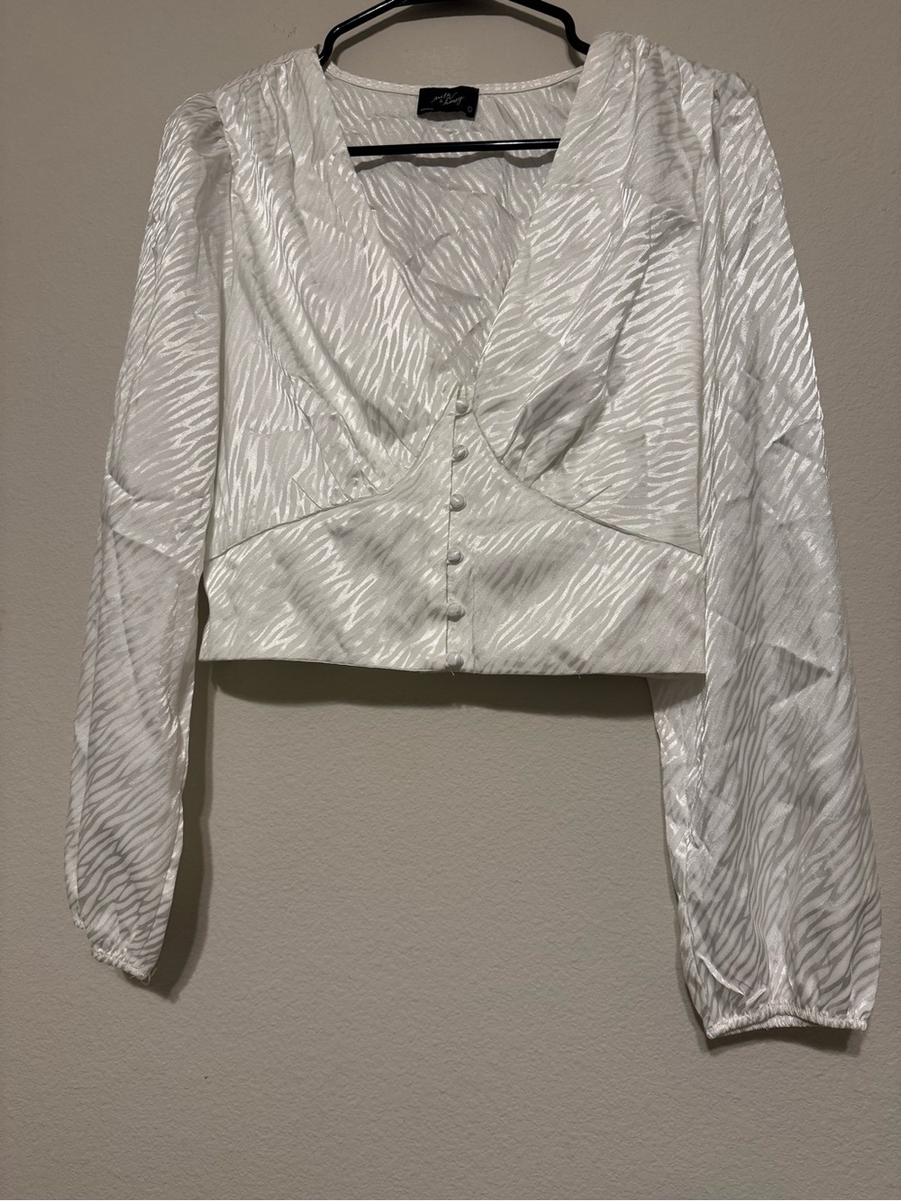 Milk and Honey White Satin Zebra-Print V-Neck Cropped Blouse